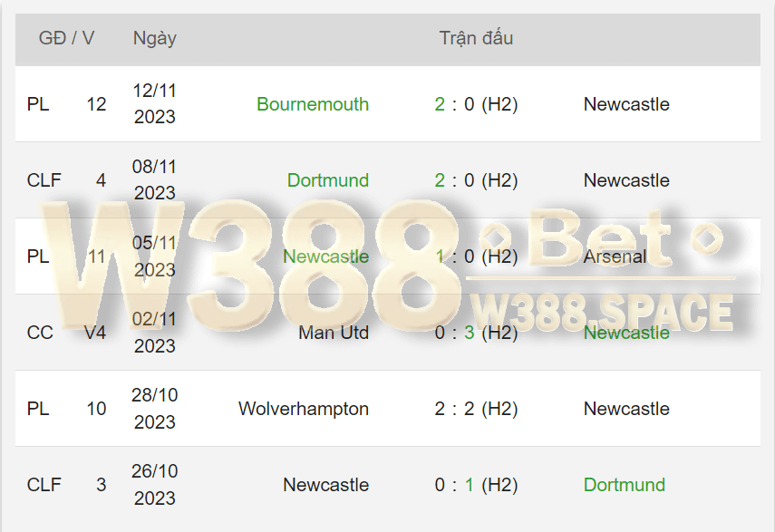 5 trận đấu gần đây nhất của Newcastle